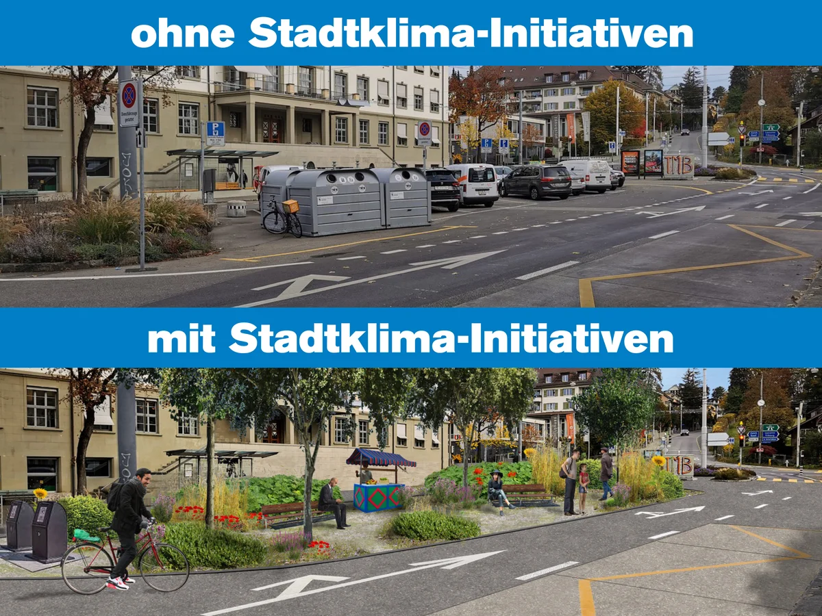 Mögliches Szenario am Laubeggplatz in Bern vor und nach Umsetzung der Initiative Mögliches Szenario am Laubeggplatz in Bern vor und nach Umsetzung der Initiative