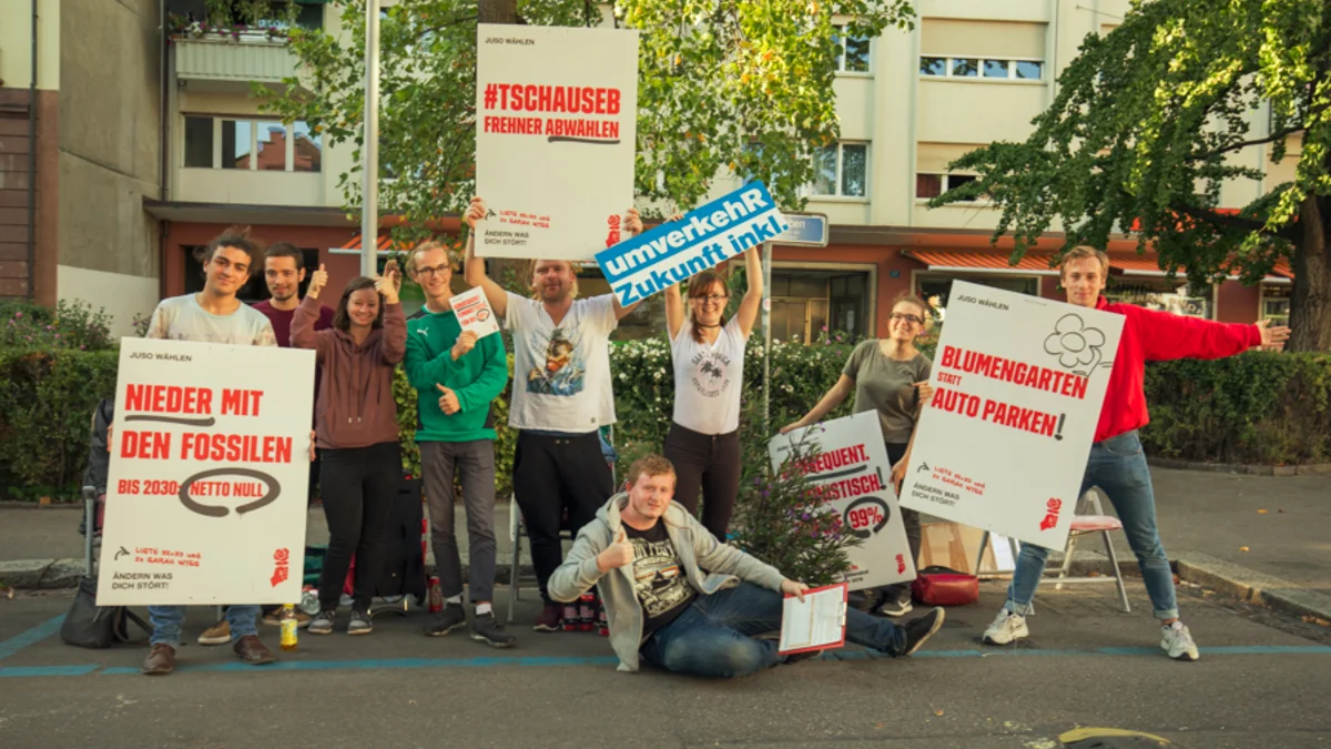 Standaktion. Informationen zum PARK(ing) Day und über die Juso in Basel am PARK(ing) Day 2019