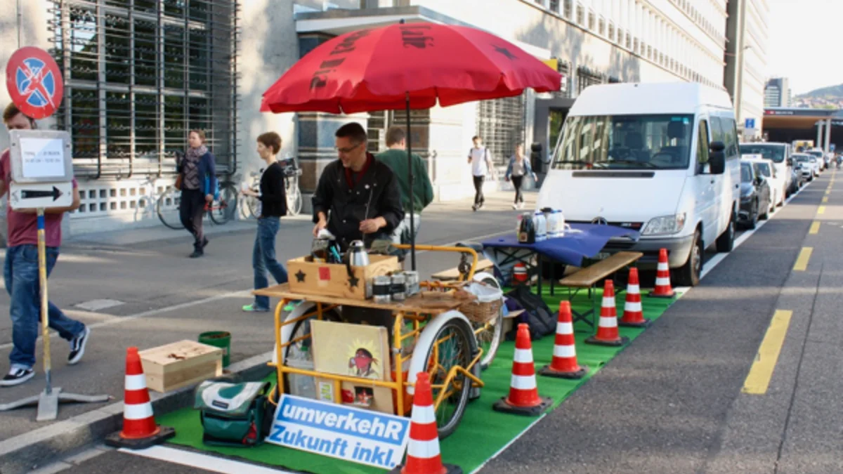 PARK(ing) Day 2018 mit Kaffee am frühen Morgen von Café Rebel Dia an der Kasernenstrasse in Zürich