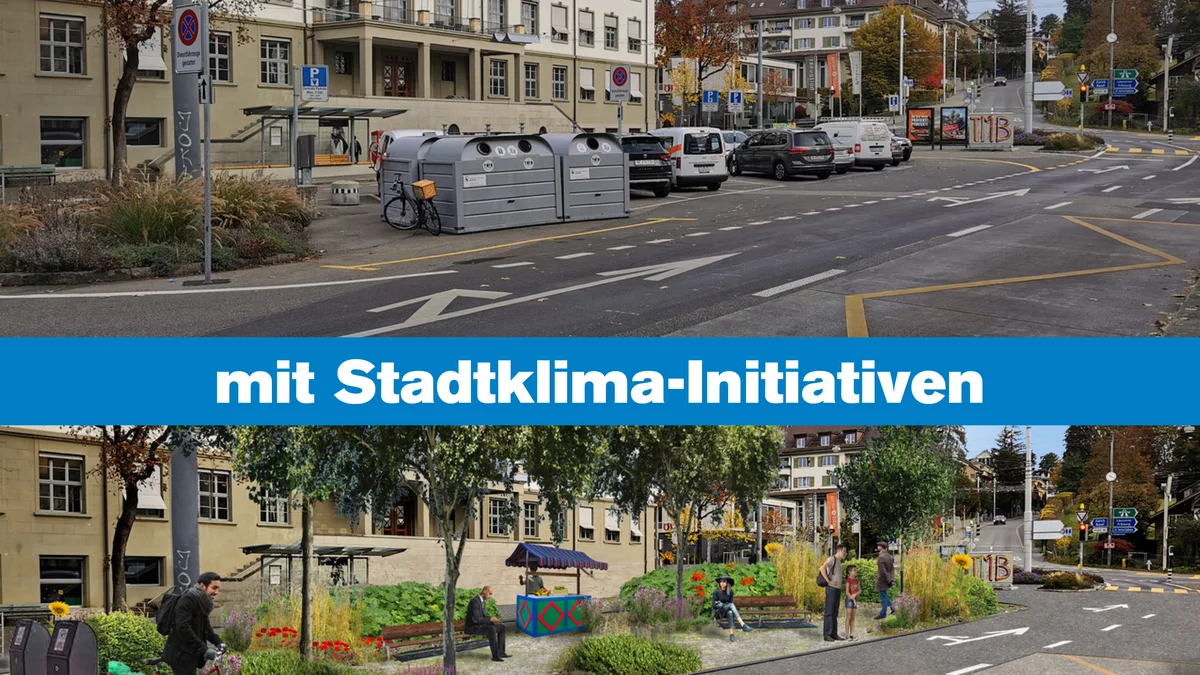 Mögliches Szenario am Laubeggplatz in Bern vor und nach Umsetzung der Initiative