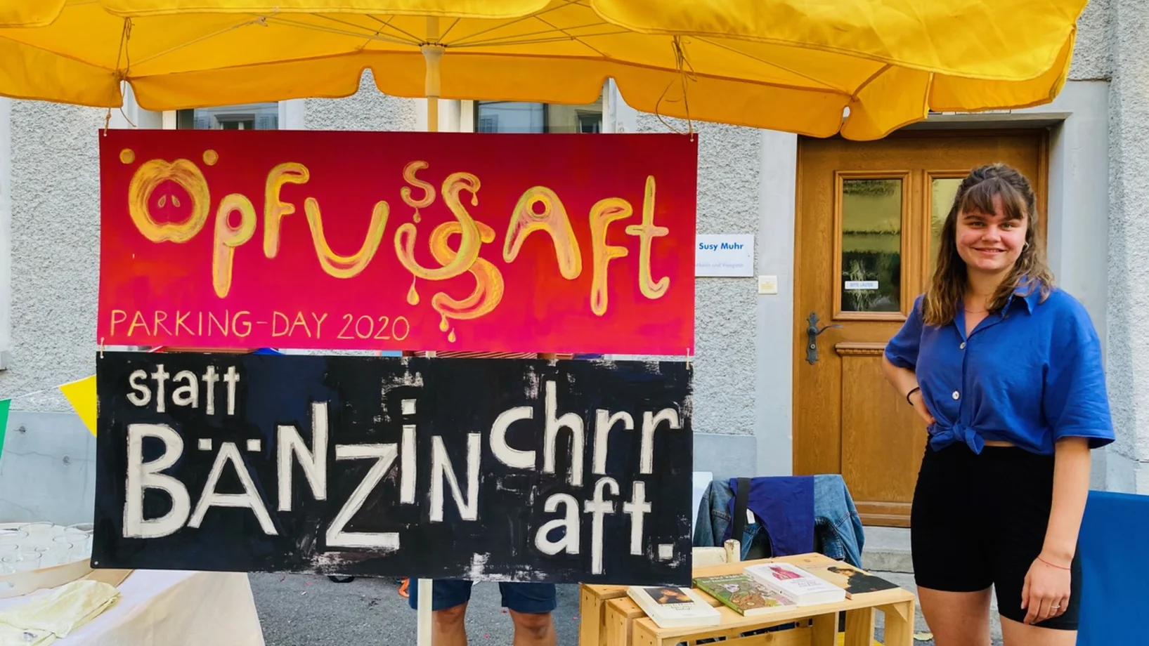 Öpfusaft statt Bänzinchraft mit Rut von den Grünen am PARK(ing) Day 2020 in Burgdorf