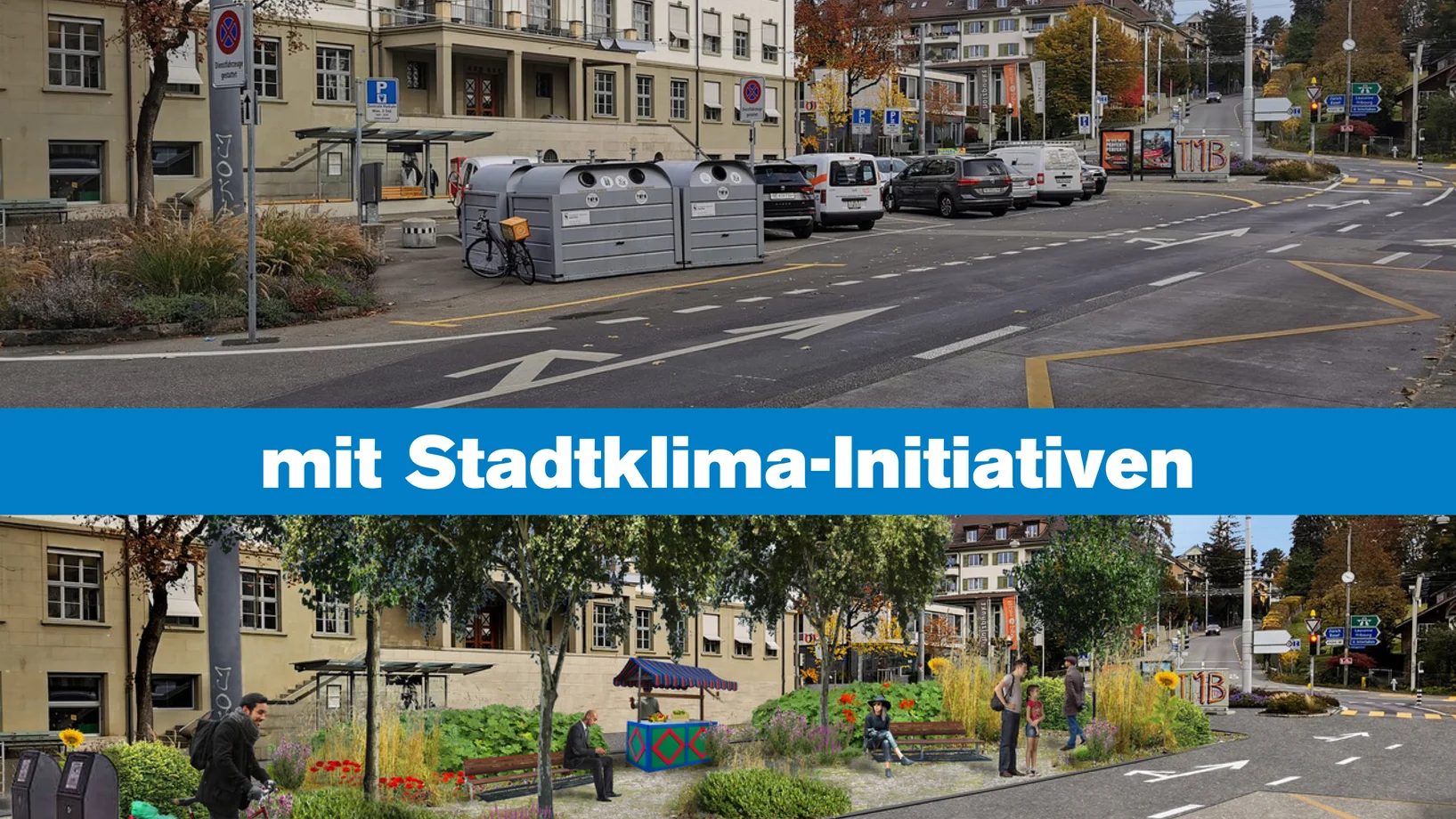 Mögliches Szenario am Laubeggplatz in Bern vor und nach Umsetzung der Initiative